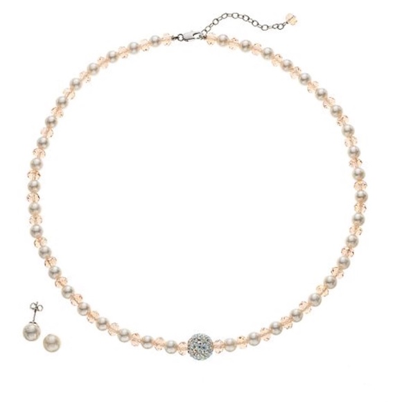 Necklace & Earrings Set Creamy Gray Mother of Pearl & Pink Crystal 18" - Picture 1 of 3